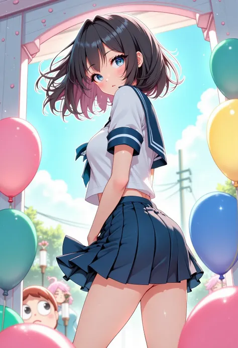 Anime、sailor suit、protruding butt、look back