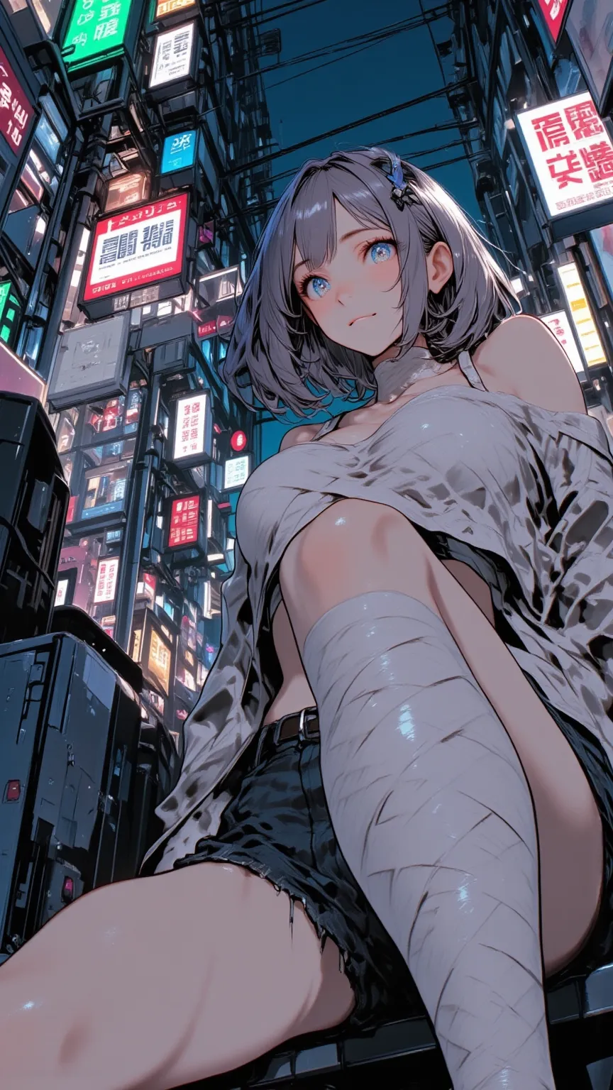 mummy-girl\(mummy,Full Body White Bandage, All Face Bandaged,My hair\(白いMy hair,bob cut,detail,shiny,is fine\),sitting on the ground,Big breasts,Watch Viewers/Beautiful sparkling eyes///.Background\(at alley,Harajuku\( Tokyo ,Japan\),At night, dark\).Quality\(8k,wallpaper of extremely detail CG unit, high resolution, top-Quality, top-Quality real texture skin, Hyperrealistic, Increase Resolution, RAW pictures, best Quality, highly detail, Wallpaper,The golden ratio,Highly Saturated Realism, bright color, dramatic lighting,  compelling stories , Atmospheric Scenery, Fascinating Visuals, exquisite details surrounding the Earth, Strong emotions,dreamy world with a kind personality\).landscape.vivid color