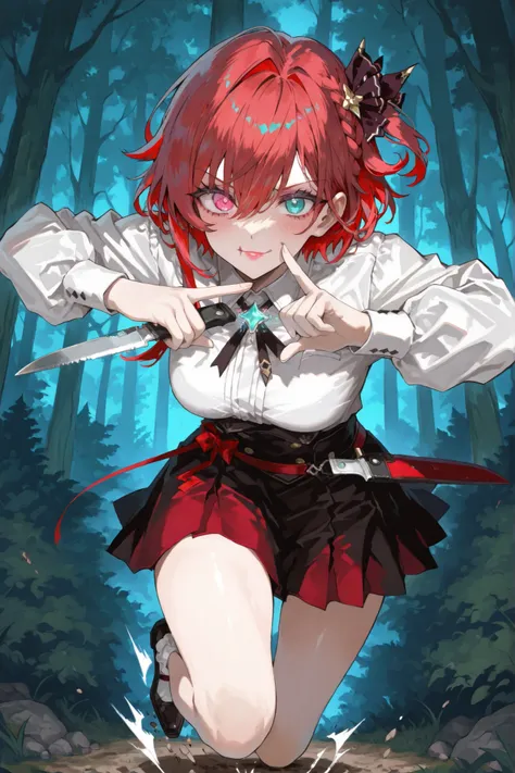 (man:1) (close-up of a better masterpiece:0.5)0.9], (forest:8) (Scattered Red Hair:1) (Bright Turquoise Eyes:1.2) (Long One Girl:1.0) (by color in the eyes:1.0) (Shining brilliance:1.1) (thick lips jumping:0.9) (Full Body Ratio 1) (Span Tee, Uniform Pants ...