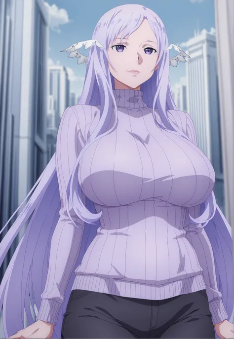 anime coloring, quinella, 1girl, Mature Female, long hair, light purple hair, purple eyes, big breasts, ((turtleneck sweater, black pants,)), smile, Lips, view detailed body, (((Sexy,))) ((turtleneck sweater, black pants,)), city,