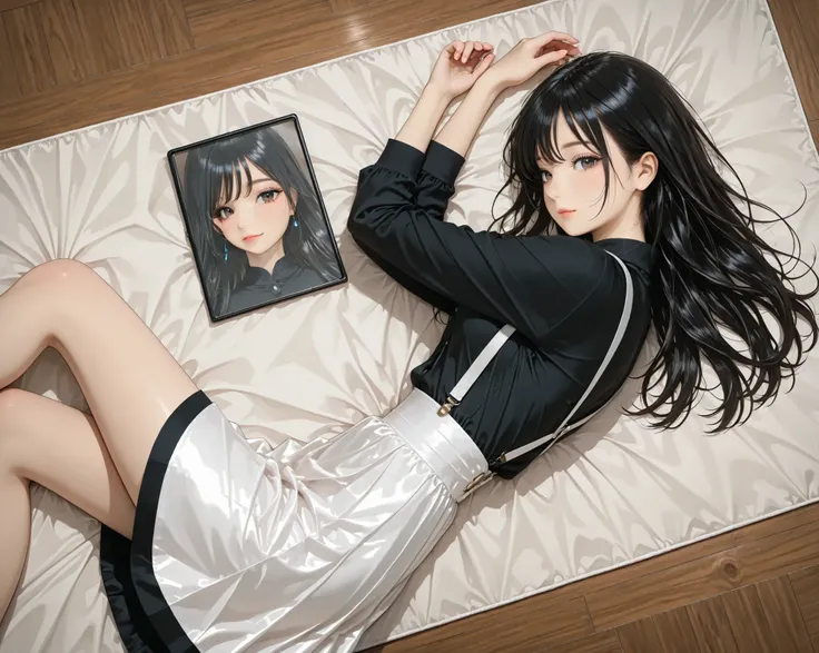 distant view ,from side,lying mat,long hair,looking viewer,black Hair, model, black shirt, white suspenders ,black mini skirt, clear makeup, get a massage