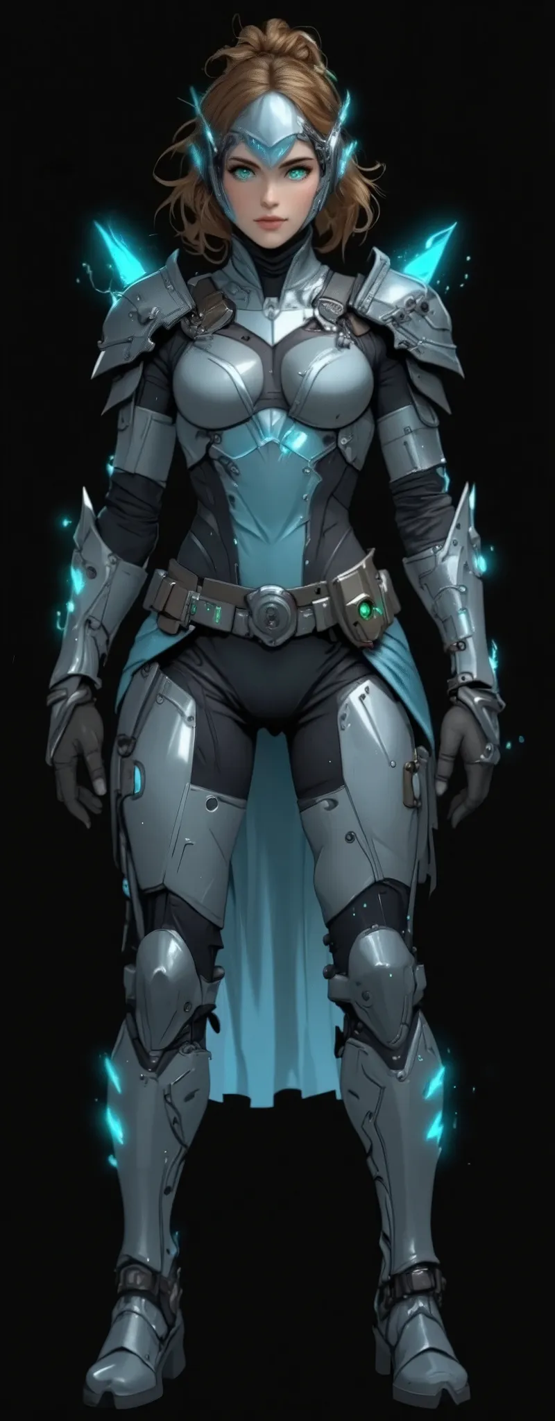 alexandra daddario,chargen_stylised_illustration,Front view,full body,character art,concept art,anime,sexy female,great body,female police knight,eagle wing concept,flying apparatus in her back,futuristic helmet,small energy wings shoulders,silver and blue...
