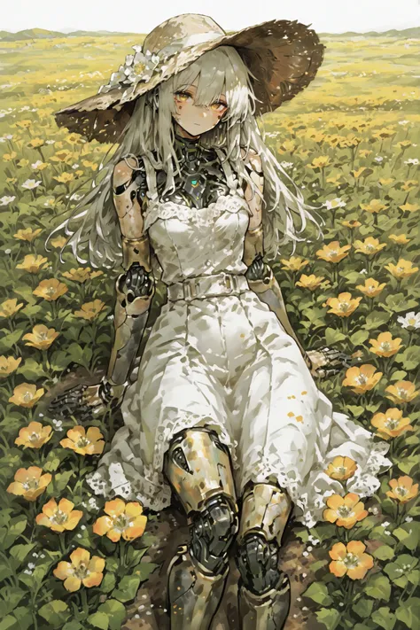 It's mechanical and slightly dirty、huge flower fields that spread all around、 wonderfully beautiful 、a world where humans became extinct、huge flower fields all over the place、cute、in a world where no one else、an android waters flowers alone、