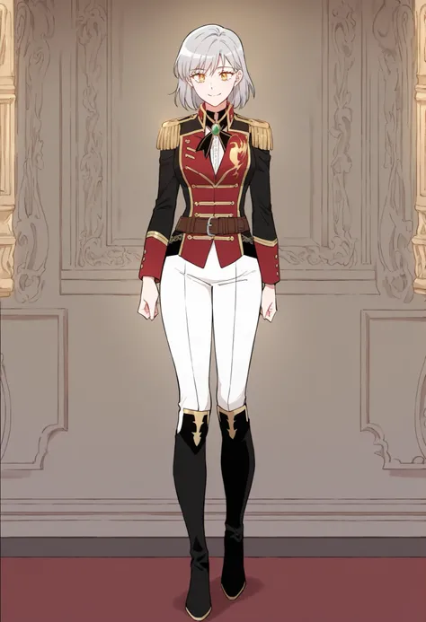 masterpiece, best quality, very detailed, , masterpiece, best quality, eyelashes, (Beautiful Eyes), cowboy shot,, Official webtoon Illustration, Official  artwork, screencap,1girl,soloshort gray hair, shinny golden eyes,military uniform,red and black doubl...