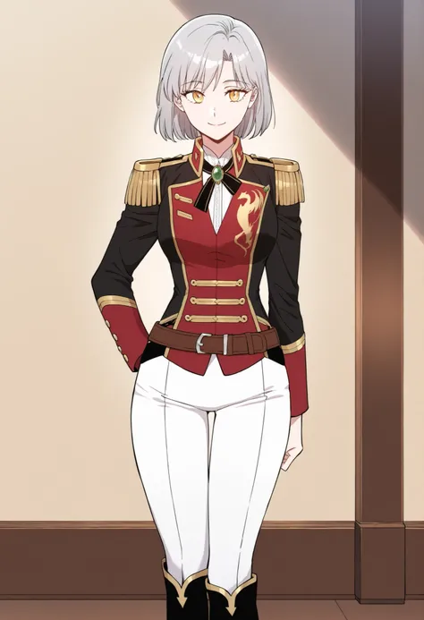 masterpiece, best quality, very detailed, , masterpiece, best quality, eyelashes, (Beautiful Eyes), cowboy shot,, Official webtoon Illustration, Official  artwork, screencap,1girl,soloshort gray hair, shinny golden eyes,military uniform,red and black doubl...