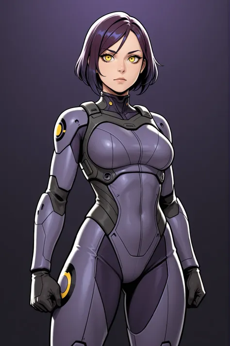 mech pilot girl, dark purple hair, yellow eyes.