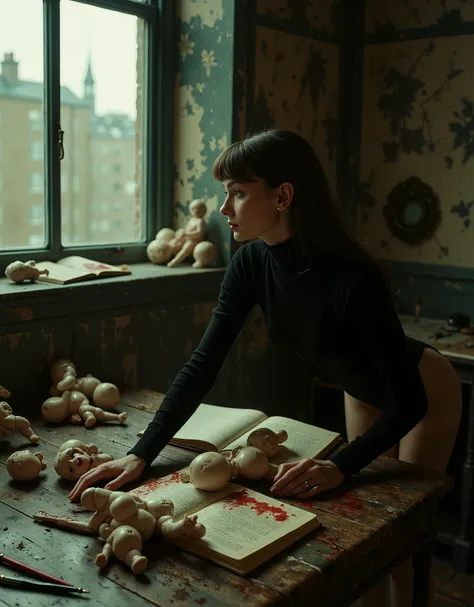 a woman who looks like Audrey Hepburn, she has long black hair and is wearing dark clothes, her skin is white and pale, she is skinny and delicate looking, in a drab shabby flat in old London, looking sadly out the window at the rain and city, she is weari...