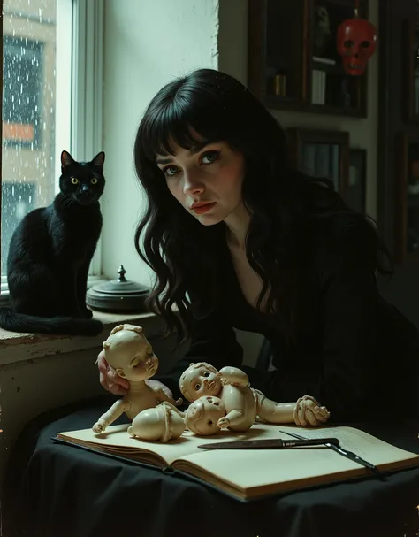 a woman who looks like Audrey Hepburn, she has long black hair and is wearing dark clothes, her skin is white and pale, she is skinny and delicate looking, in a drab shabby flat in old London, looking sadly out the window at the rain and city, she is weari...