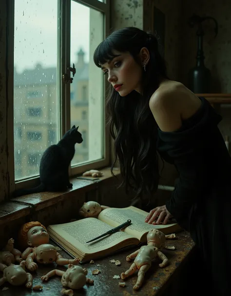 a woman who looks like Audrey Hepburn, she has long black hair and is wearing dark clothes, her skin is white and pale, she is skinny and delicate looking, in a drab shabby flat in old London, looking sadly out the window at the rain and city, she is weari...