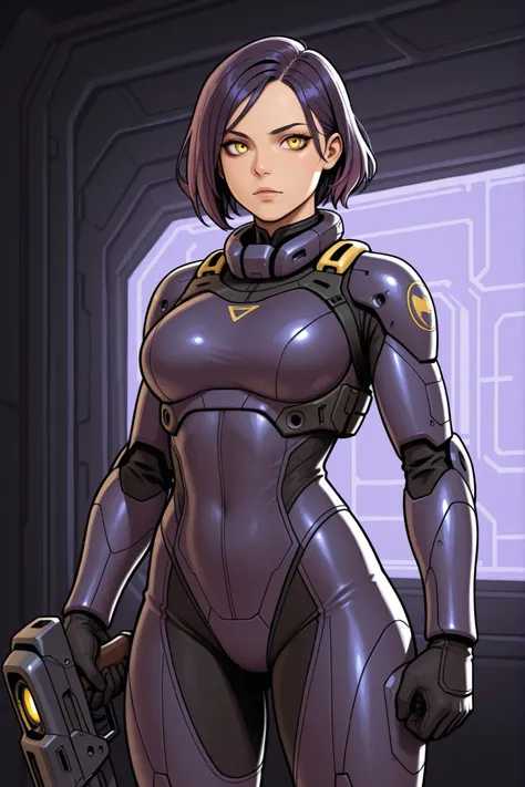 mech pilot girl, dark purple hair, yellow eyes.