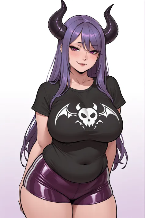 masterpiece, 8K, succubus girl, seductive, chubby, curved black horns, heavy metal t-shirt outfit, tight shorts, dominating, unsatisfied, purple eyes, purple long hair