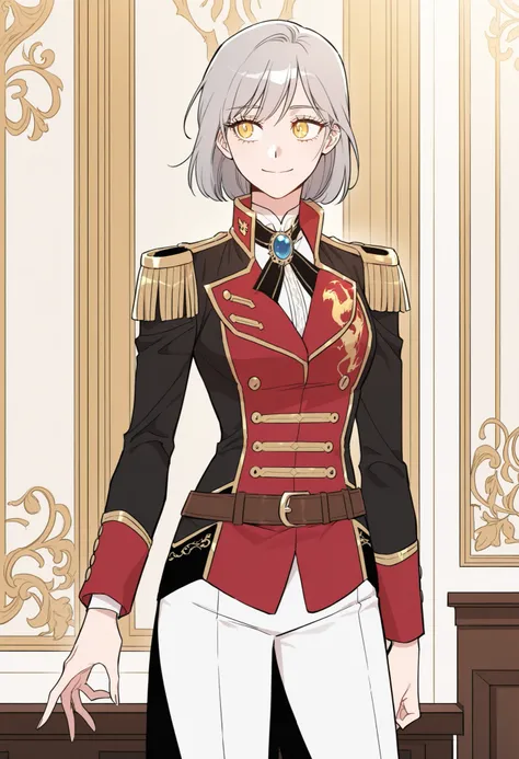 masterpiece, best quality, very detailed, , masterpiece, best quality, eyelashes, (Beautiful Eyes), cowboy shot,, Official webtoon Illustration, Official artwork, screencap,1girl,soloshort gray hair, shinny golden eyes,military uniform,red and black double...