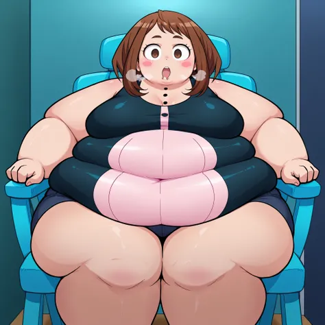 score_9,score_8_up, score_7_up, source_anime, rating_questionable, 1girl, solo, score_7_up, anime screencap, score_9, score_8_up, score_7_up, source_anime, Uraraka ochako, brown hair, brown eyes, blush stickers,  sl0uch1ng, sitting ,chair, empty_eyes, blan...