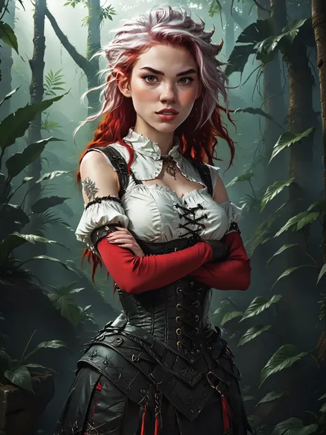Slender body. White skin. Cute 18-year-old girl with big Asian red eyes and unnaturally sharp teeth and dreadlocks (white and red hair). Sharp and pointy teeth. She has a cute and beautiful face. She has a round and young face with a pointy chin. Her body ...