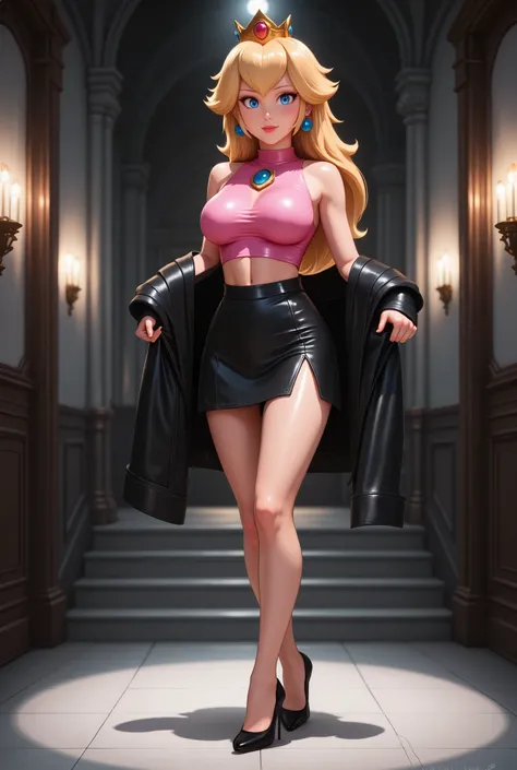 (Nintendo - Princess Peach), sensual posture in front of the spectator, with a slightly open leg and a hand on her hips, picking up her leather jacket from the floor, sexy black mini skirt with slits on both legs, pink leather top that highlights her huge ...