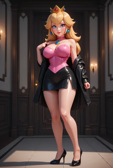 (Nintendo - Princess Peach), sensual posture in front of the spectator, with a slightly open leg and a hand on her hips, picking up her leather jacket from the floor, sexy black mini skirt with slits on both legs, pink leather corset that highlights your h...