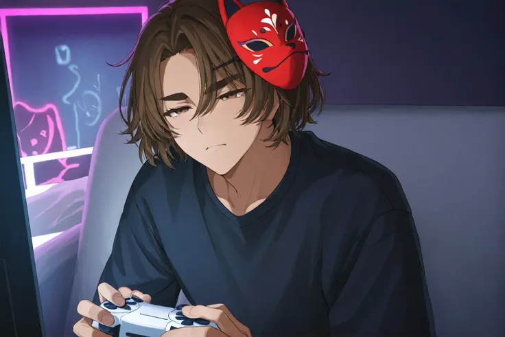A stylized male character with a mysterious and expressive look. He has dark skin, thick eyebrows and wavy brown hair, his face partially covered by a pinkish-red fox mask, slightly tilted to the side of his face, and he also wears a red mask covering the ...