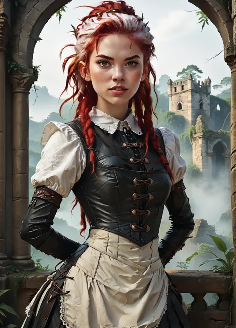 Slender body. White skin. Cute 18-year-old girl with big Asian red eyes and unnaturally sharp teeth and dreadlocks (white and red hair). Sharp and pointy teeth. She has a cute and beautiful face. She has a round and young face with a pointy chin. Her body ...