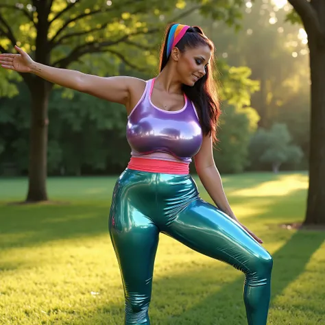 "Ultra-realistic 8K photograph of a beautiful woman stretching in a sunlit park, wearing shiny 1980s-style spandex workout clothes. She dons a form-fitting metallic lavender leotard over glossy high-waisted teal leggings, complemented by a pink elastic bel...