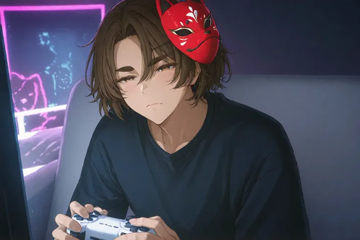A stylized male character with a mysterious and expressive look. He has dark skin, thick eyebrows and wavy brown hair, his face partially covered by a pinkish-red fox mask, slightly tilted to the side of his face, and he also wears a red mask covering the ...