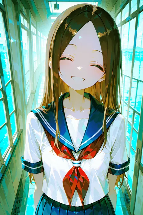 Refined Realistic Style（0.8）, Master Level, EXTREME DETAILS ,professional grade post-treatment,Masterpiece,anime style（1.2）,best quality,high resolution,8K,aatakagi, solo, long hair, brown hair, parted bangs, collarbone, serafuku, sailor collar, red necker...