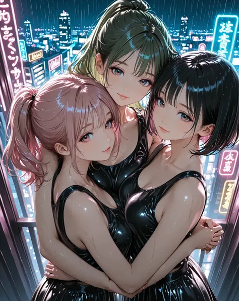 Close up,(from above),hold hand, hug each other tight ,long hair,ponytail,short bob hair,looking viewer,black Hair, blond hair,green hair,pink hair,((glamorous)), black tank top,mini black skirt, clear makeup,neon light, city,night,wet,rainy