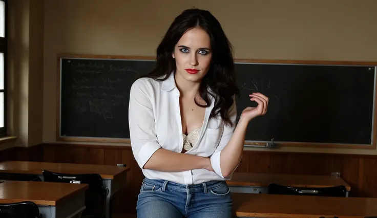 Eva Green in jeans pants and white  shirt cleavage white bra, in a classroom, 