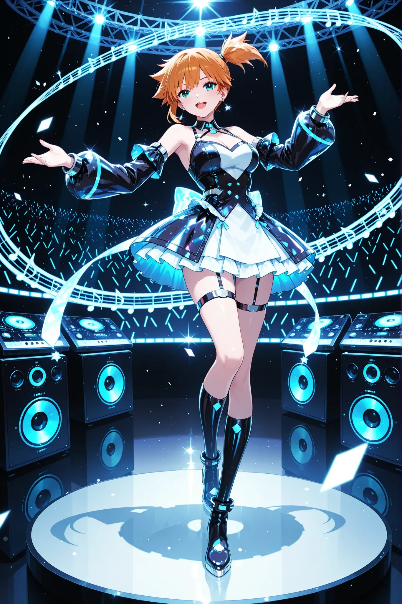 one woman with Misty, solo, cyber DJ girl, Full Body, While playing a star-shaped Guitarist, Live music singing、Dance, Surrounded by the Latest Sound Equipment, The Universe Itself Is a Music Studio,
