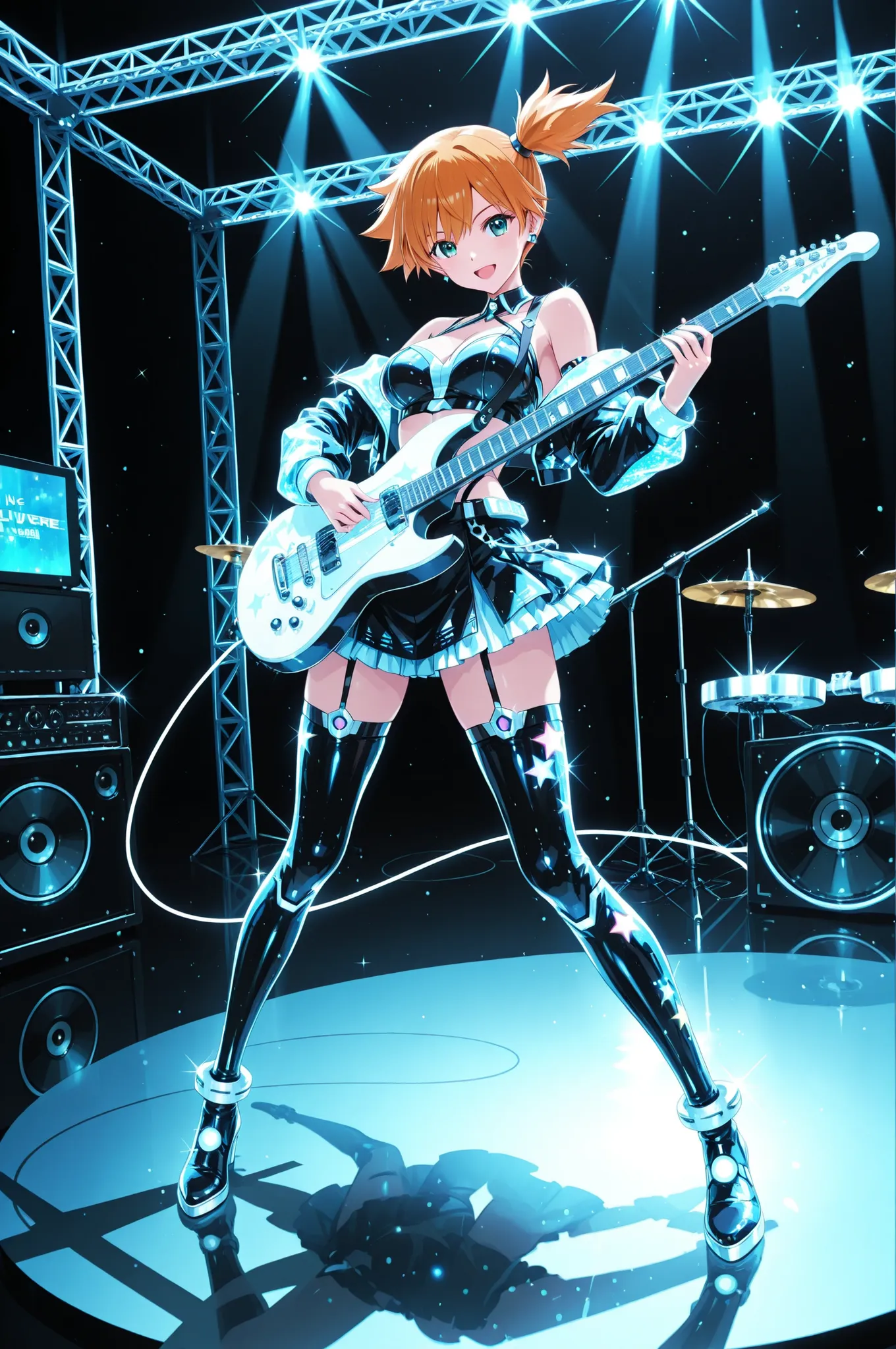 one woman with Misty, solo, cyber DJ girl, Full Body, Transformed Guitarを弾きながら,\Transformed Guitar like a star design,\ Live music singing、Dance, Surrounded by the Latest Sound Equipment, The Universe Itself Is a Music Studio,