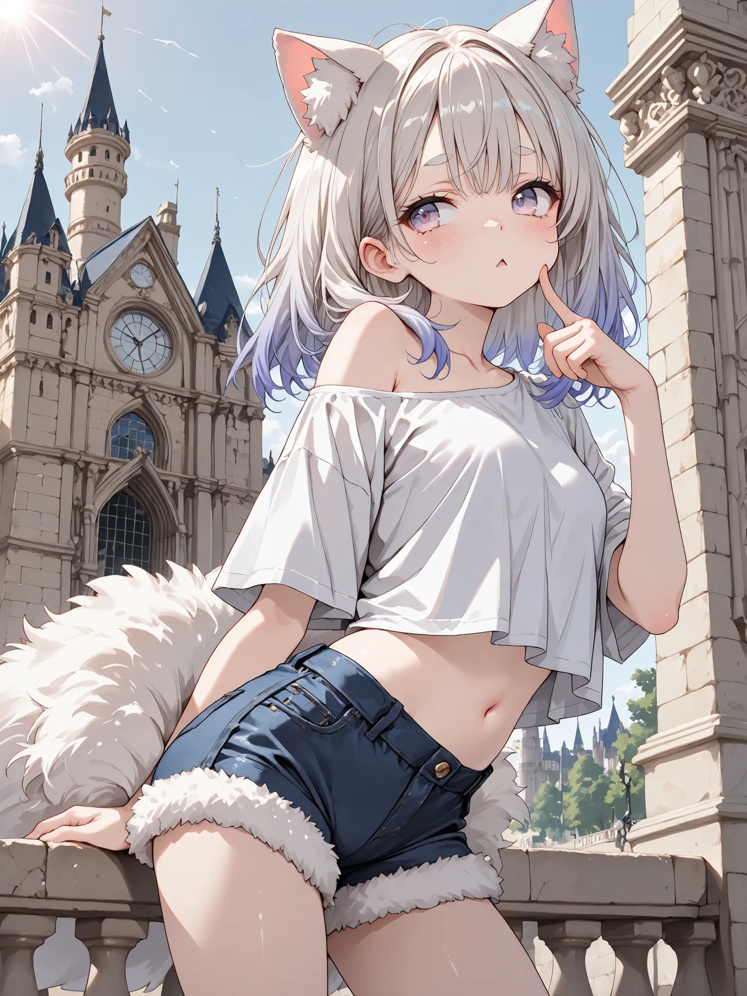 ((Masterpiece)), ((best quality, amazing quality)), ((very aesthetic, absurdres, newest, detailed background)), (8K), ((wide shot. from side)), ((1girl)), (cute young girl), (Healthy body, Textured skin, small breast, tilt head), ((platinum-gold hair)), (l...