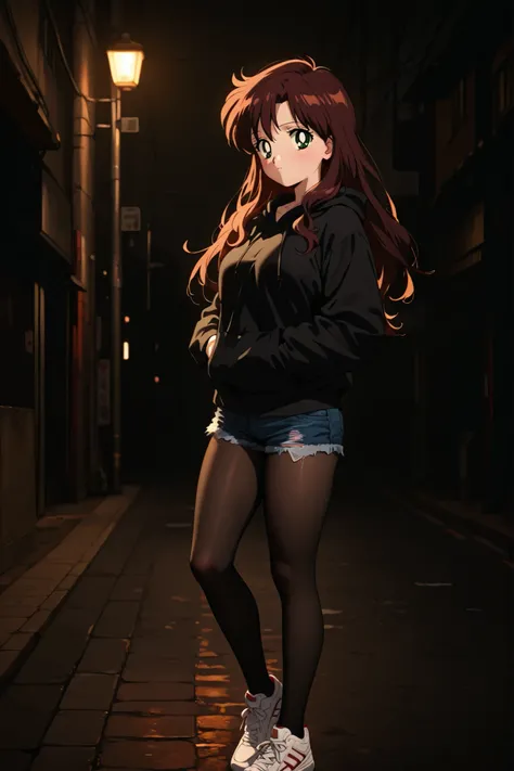 masterpiece, amazing quality, best quality, ultra-detailed, 8K, illustration, clear skin, ultra-detailed-eyes, soft skin, very awa, very as2, soft body, 1990s \(style\), official art, makoto kino, brown hair, green eyes, medium hair, loose hair, Denim shor...