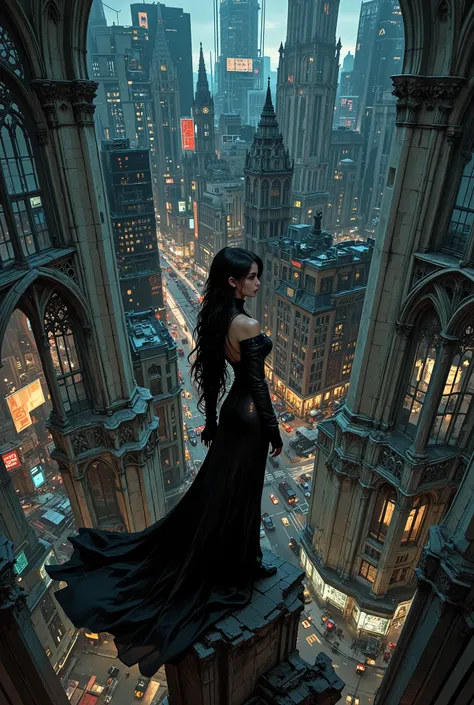 A high-quality,image of a mysterious sentinel figure, an elegant and charismatic young woman, standing poised on the edge of a towering, imposing Gothic cathedral. Her presence is both ethereal and commanding, with an aura of dark beauty. The intricate sto...