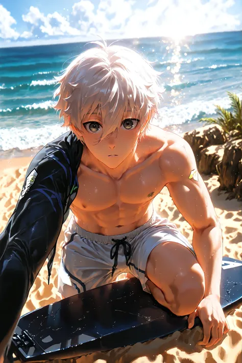 Nagi seishiro, (8k, HD), 1 boy, (masterpiece, best quality, absurdres, highres), amazing quality, very aesthetic, close view, perfect eyes, perfect face, volumetric lighting, sunlight falling on him, holding surf board in hand, sitting aside a tree, sand, ...
