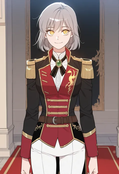 masterpiece, best quality, very detailed, , masterpiece, best quality, eyelashes, (Beautiful Eyes), cowboy shot,, Official webtoon Illustration, Official artwork, screencap,1girl,soloshort gray hair, shinny golden eyes,military uniform,red and black double...