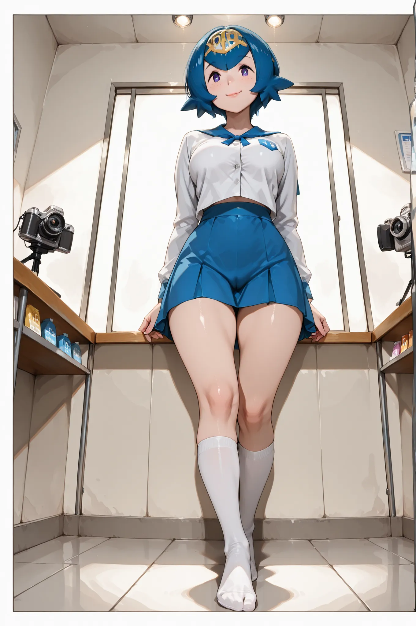 1 Lana 1 , short hair, blue hair, blue eyes,((Japan 、( High school uniform with buttons  :1.3)、navy blue uniform skirt、knee-high socks、pubic hair、  Lower abdomen hair  ))、((The background emphasizes the thighs、supplement shop with lots of energizers、white ...