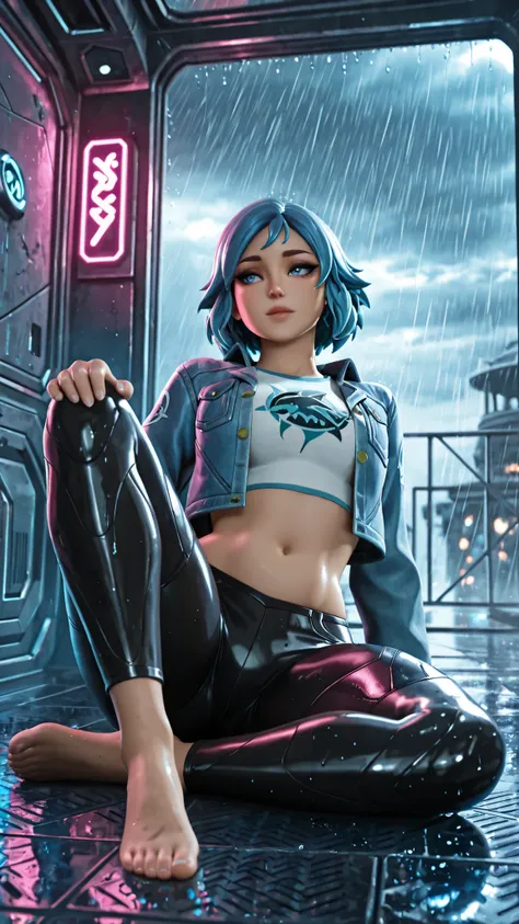 1 girl, masterpiece, black eyeshadow, blue eyes,alone, blue eyes, cropped jacket, blue hair, abdomen, short hair, cropped top, belly button, thick thighs, denim jacket, denim, leather pants, blue jacket, tight pants,Futuristic room, neon light, cloudy sky,...