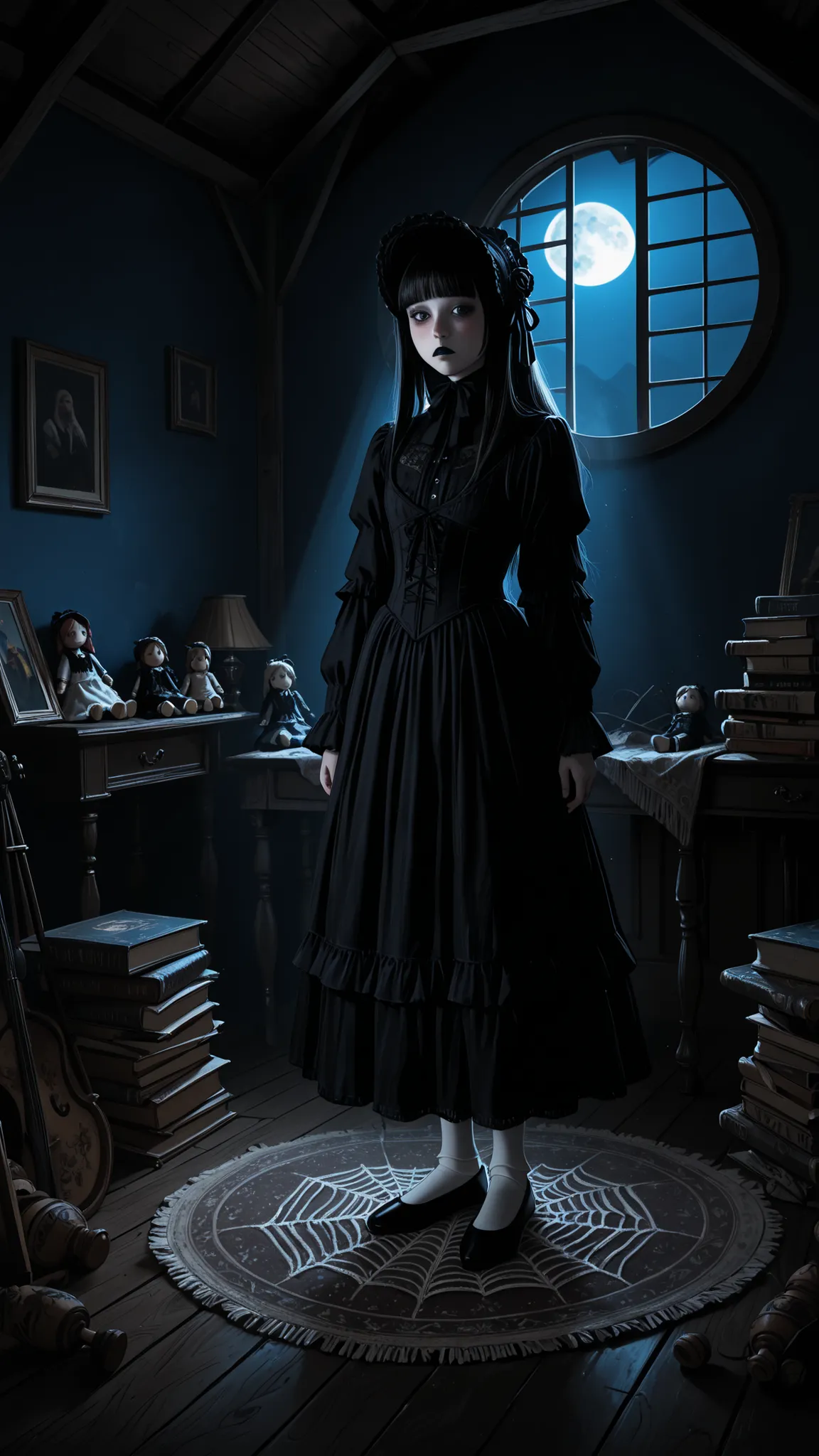 masterpiece, best quality, amazing quality, very aesthetic, absurdres, traditional media, oil painting (medium), impressionism, ((dark)), night time, dim lighting, cool lighting, blue theme, black theme, wide shot, indoors, dark room, attic, slanted roof, ...
