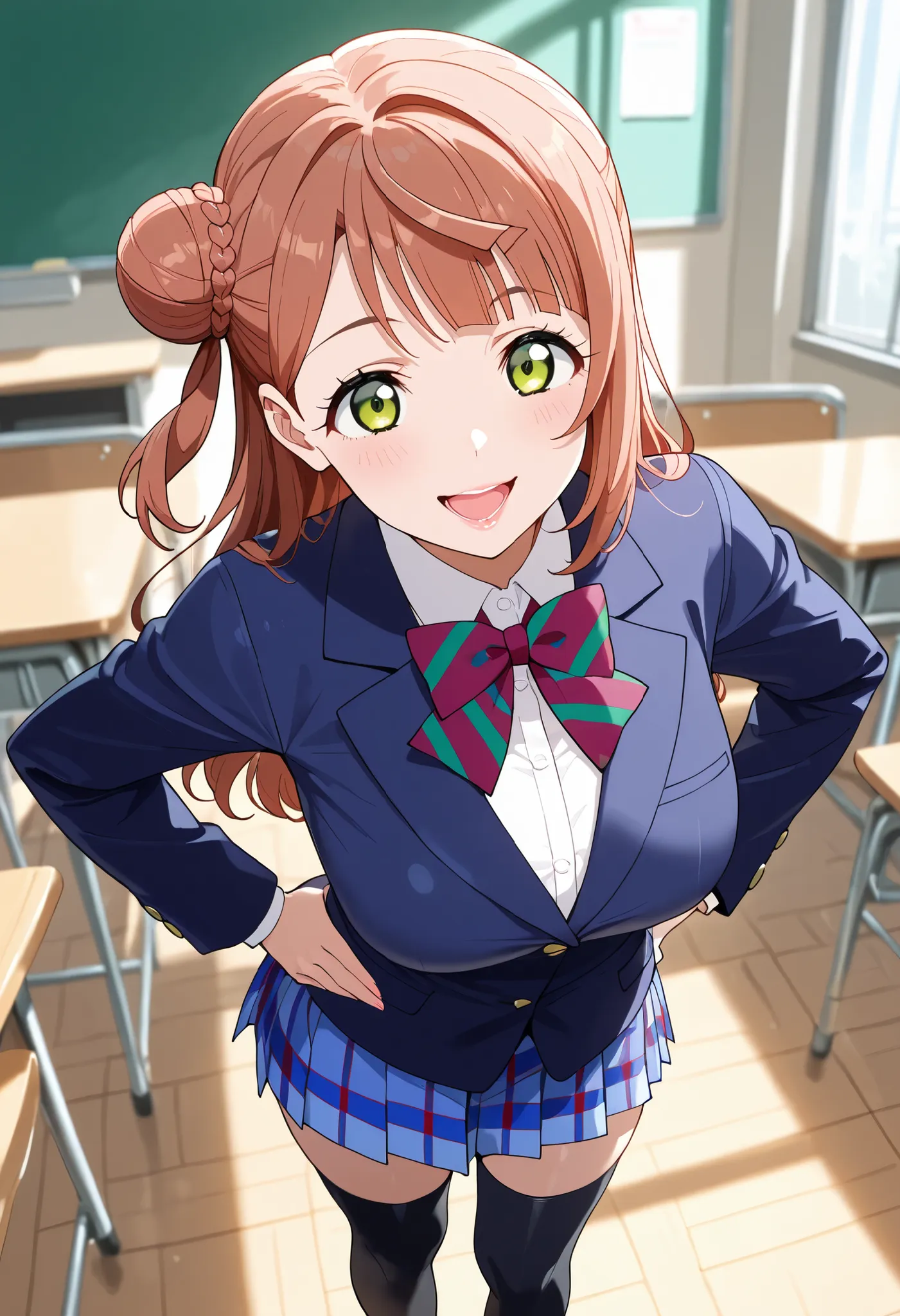 (Ayumu Uehara、long hair、bun hair) ,otonokizaka winter uniform, ,navy blue jacket,blue striped skirt, plaid skirt, striped bowtie ,thigh socks ,loafers, glossy lips, standing, standing, hand on hips, glossy lips ,open mouth ,classroom ,top view,masterpiece,...