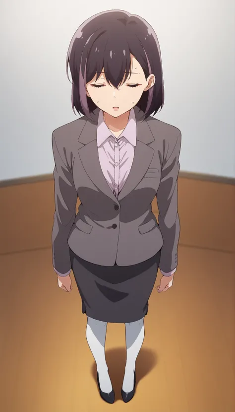 score_9, score_8_up, score_7_up, source_anime, 1girl, solo, blurry background, fullbody, from above, standing posture,rika honjouji, purple hair, black hair, multicolored hair, long hair, hair between eyes, closed eyes,work uniform, frill shirt, suit, long...