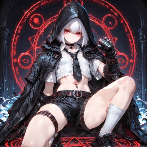 ((best quality)), ((masterpieces)), (detailed), perfect face, SOLO, ((((femboy)))), tomgirl, ANIME, beautiful detailed eyes, BOB hair, BOBed hair, white hair, RED EYES, expressionless, hooded, Magical Eyes, dark background, ((BLACK HOODED coat draped over ...