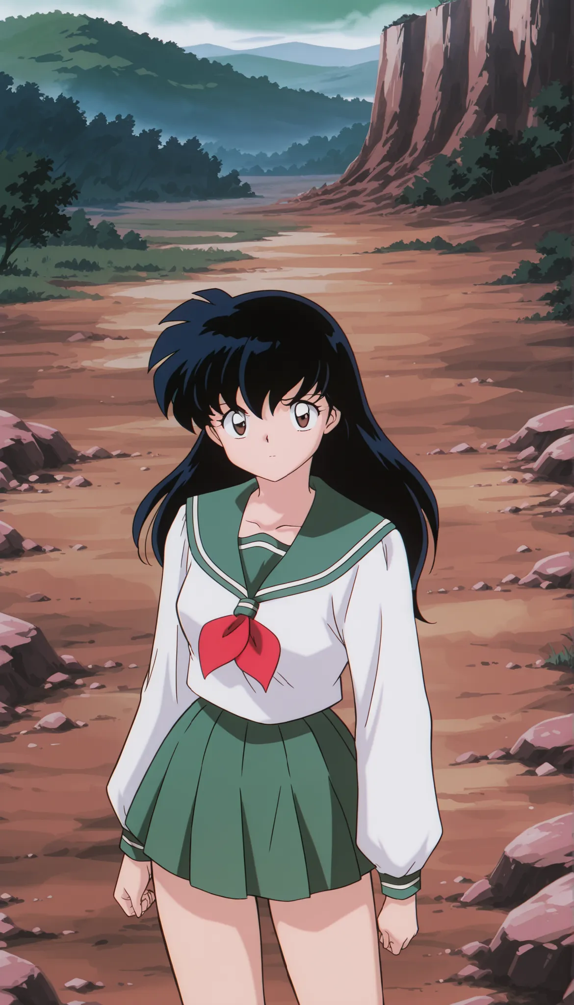masterpiece,best quality,amazing quality, higurashikagome, masterpiece, best quality, amazing quality,, kagome higurashi, long hair, black hair, retro artstyle, brown eyes, anime screencap, skirt, shirt, long sleeves, school uniform, white shirt, pleated s...