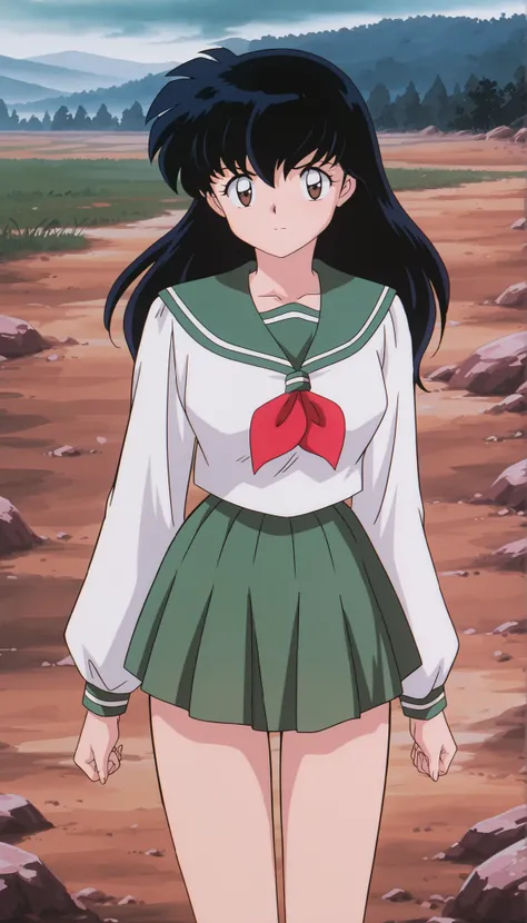 masterpiece,best quality,amazing quality, higurashikagome, masterpiece, best quality, amazing quality,, kagome higurashi, long hair, black hair, retro artstyle, brown eyes, anime screencap, skirt, shirt, long sleeves, school uniform, white shirt, pleated s...
