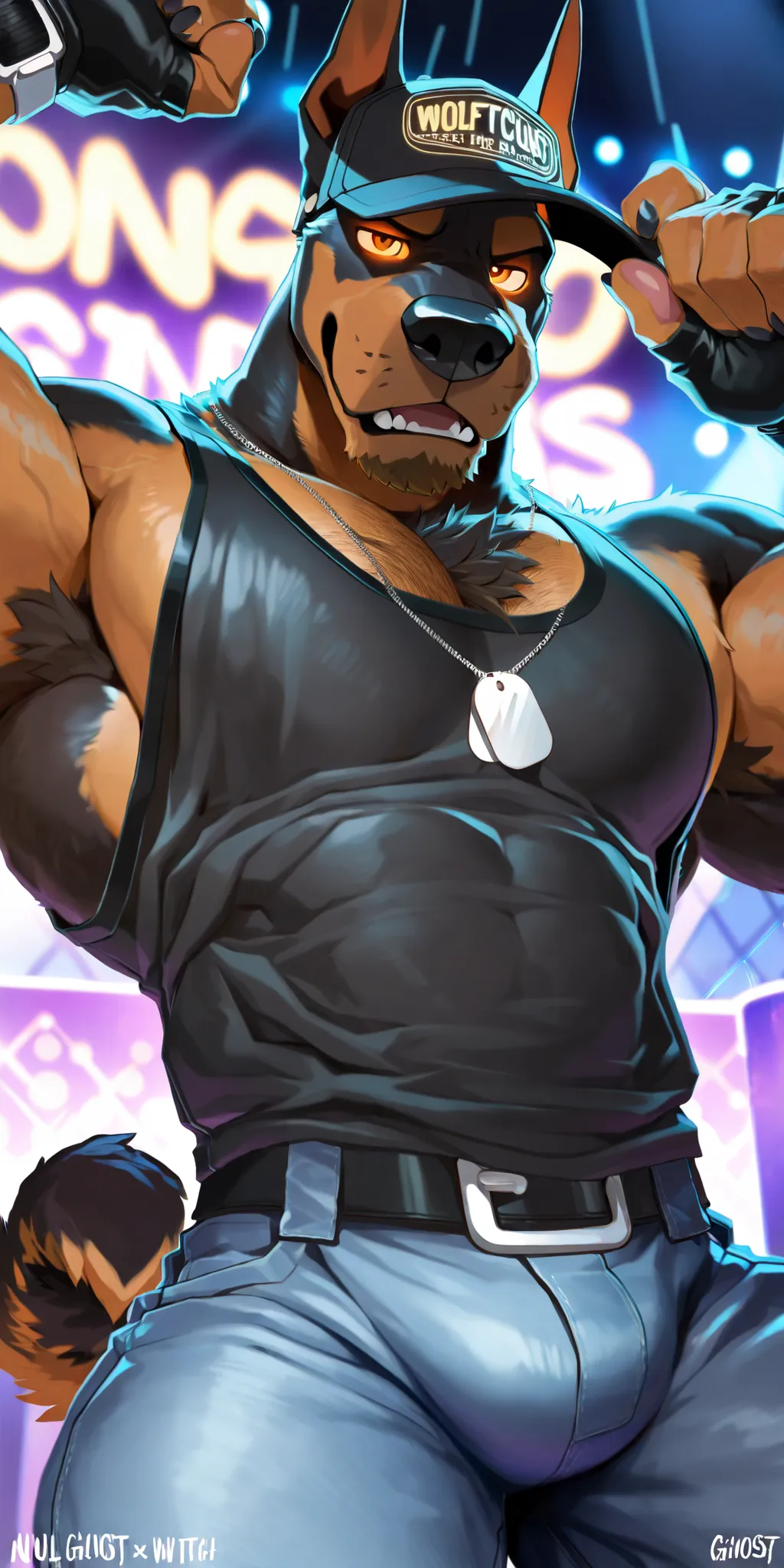 Wolfstar is a hypnotized bouncer doberman at a strip club!  Alone, solo, 1boy, A big dumb hunky jock doberman who wears a baseball cap whose rim covers his glowing eyes and looks tough! Muscular , black muscle tank top with the word "OBEY" inscribed in whi...