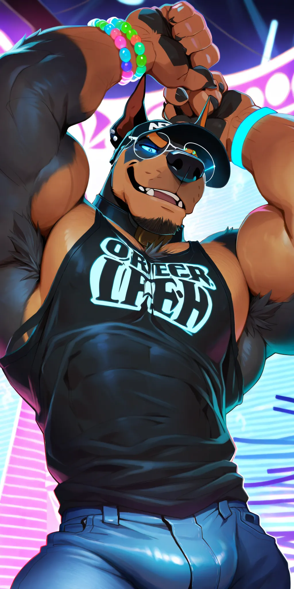 Alex is a hypnotized bouncer doberman at a strip club! A big dumb hunky jock doberman who wears a baseball cap whose rim covers his glowing eyes and looks tough! Muscular , black muscle tank top with the word "OBEY" inscribed in white over the chest in fro...