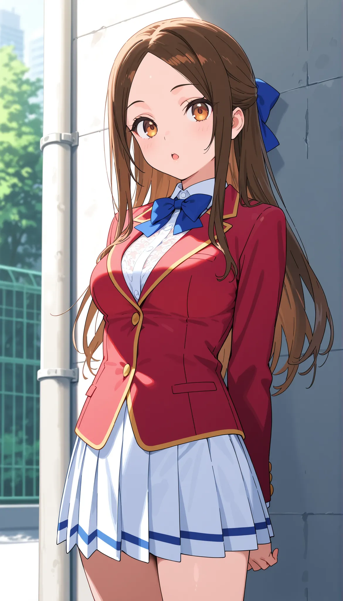  Masterpiece, hd, best quality, 1girl, kiyotaka_ayanokouji, long hair, hair bow, brown hair, medium breasts , forehead, parted bangs, school uniform, red blazer, blue bowtie , white lace shirt, white pleated skirt,thigh, standing ,model posing, indoor ,glo...