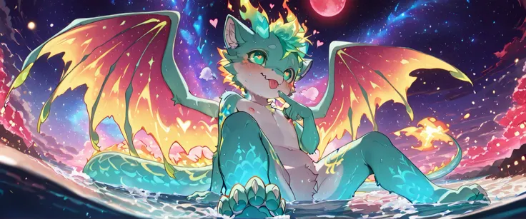 ((solo)), by chiayeeee, furry, in water, red moon, beach, peaceful and dreamy, dragon with fiery blue scales, teal green eyes, glowing fiery horns, dragon ears, claws, fangs, young, naked, sparkling, detailed, night, ((glowing galaxy, heavy breathing)), gl...