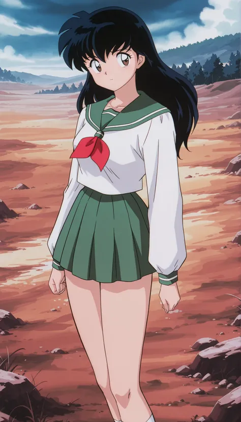 masterpiece,best quality,amazing quality, higurashikagome, masterpiece, best quality, amazing quality,, kagome higurashi, long hair, black hair, retro artstyle, brown eyes, anime screencap, skirt, shirt, long sleeves, school uniform, white shirt, pleated s...