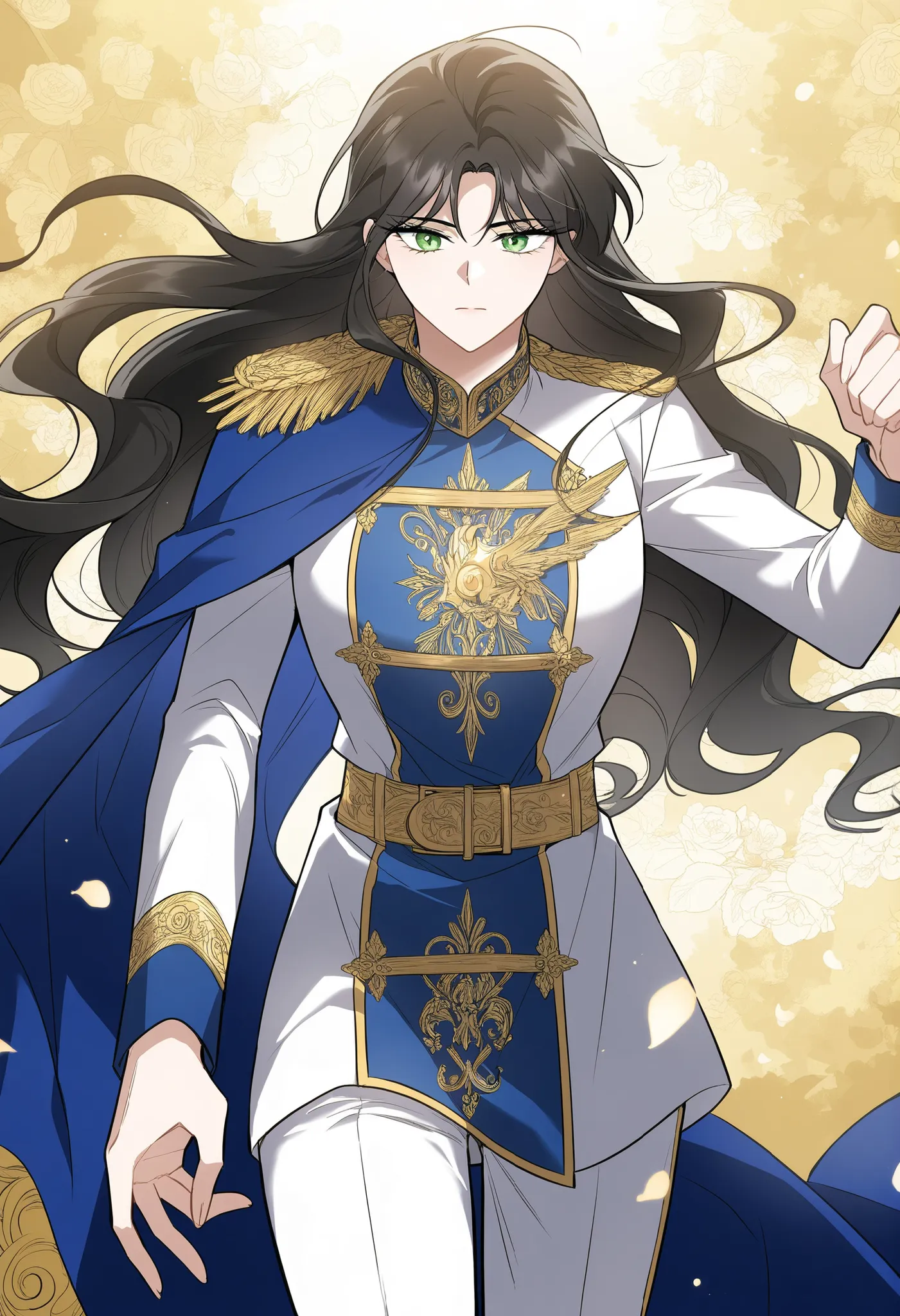 masterpiece, best quality, very detailed, , masterpiece, best quality, eyelashes, (Beautiful Eyes), cowboy shot,, Official webtoon Illustration, Official artwork,,1woman,long black hair,green shinny eyes,jacket with ornate gold decorations on the chest,cuf...