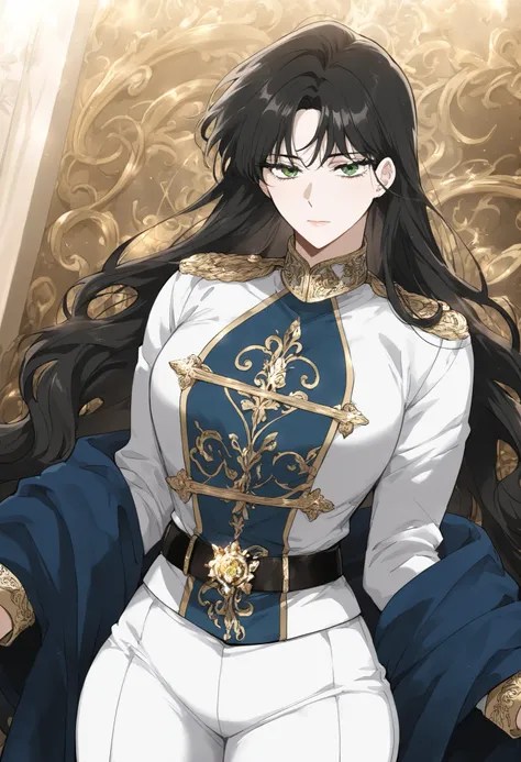 masterpiece, best quality, very detailed, , masterpiece, best quality, eyelashes, (Beautiful Eyes), cowboy shot,, Official webtoon Illustration, Official artwork,,1woman,long black hair,green shinny eyes,jacket with ornate gold decorations on the chest,cuf...