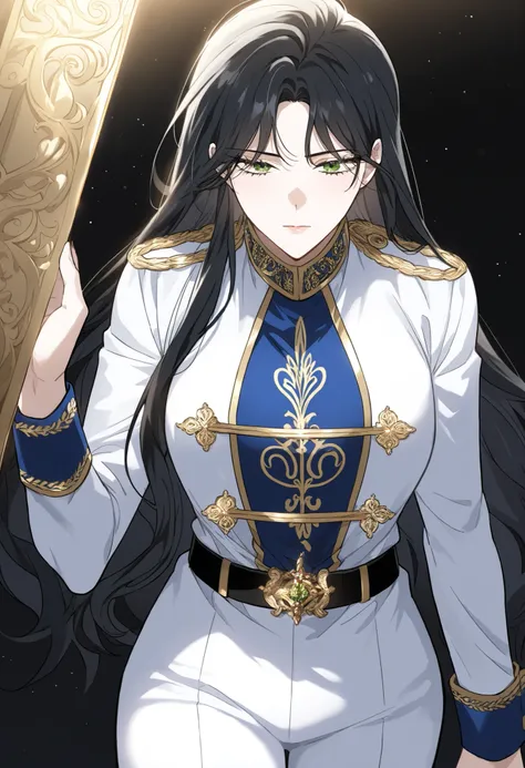 masterpiece, best quality, very detailed, , masterpiece, best quality, eyelashes, (Beautiful Eyes), cowboy shot,, Official webtoon Illustration, Official artwork,,1woman,long black hair,green shinny eyes,jacket with ornate gold decorations on the chest,cuf...